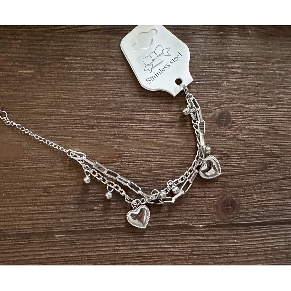 Bracelet with Heart charm Silver stainless steel new dainty dangle two chains